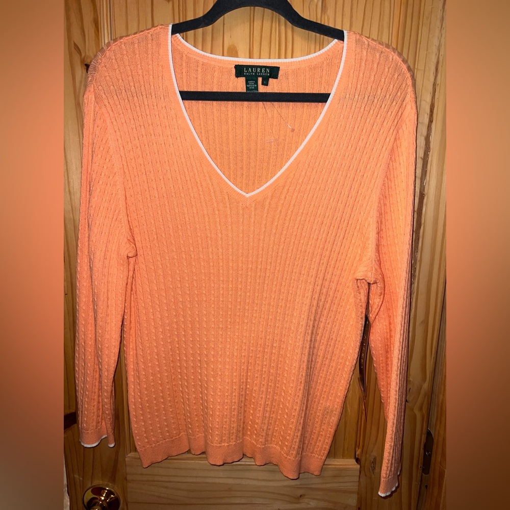 RALPH LAUREN Classic 100% Cotton V Neck Sweater NWT Orange With White Trim Large